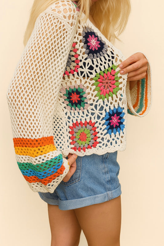 🌈 Rainbow Breeze – Boho Häkel-Cardigan mit Granny Squares