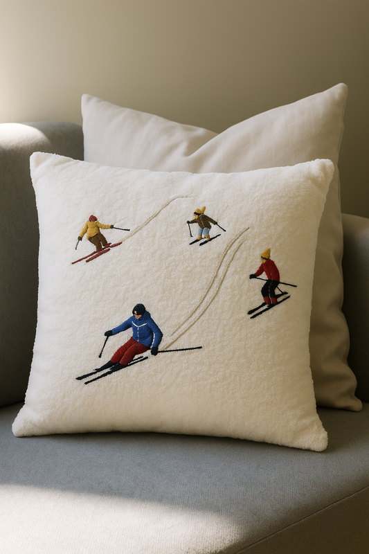 ❄️  Schneezauber – Winterliche Kissenhülle mit Skifahrern