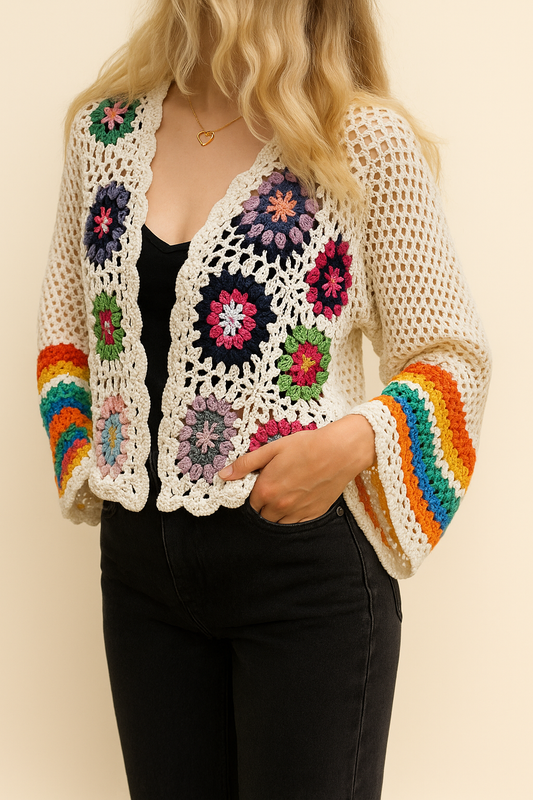 🌈 Rainbow Breeze – Boho Häkel-Cardigan mit Granny Squares